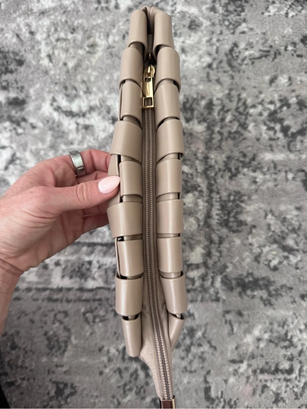 Anthropologie Lindy Woven Leather Zip Clutch in Taupe